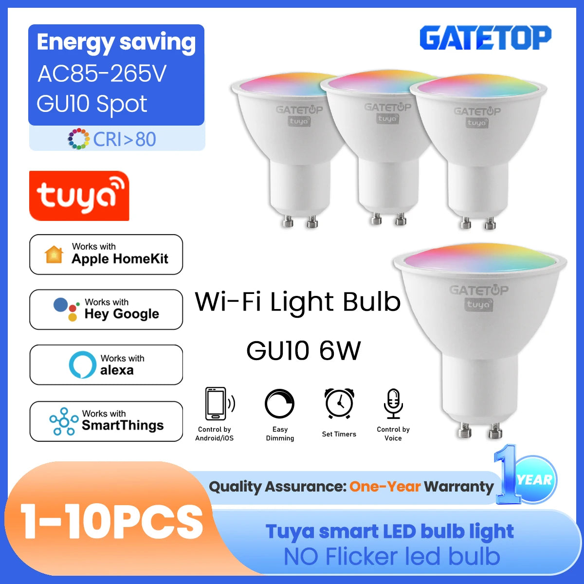 1-10PCS Tuya WiFi GU10 LED Spotlight Smart Light Bulb Dimmable 1-100% Lamps Smart Life App Control Works with Alexa Google Deals 4 U Smart Home Gadget Deals 4 U