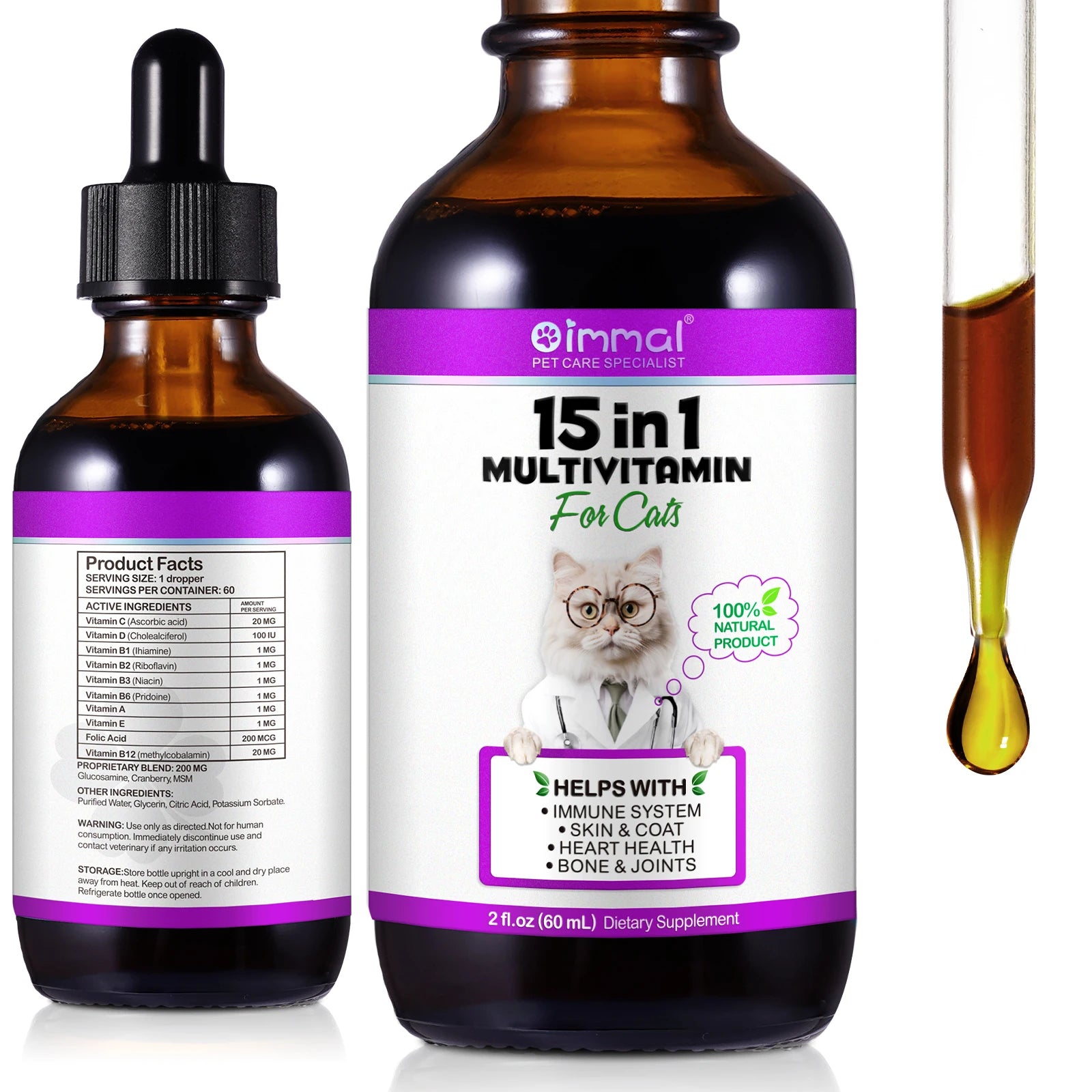 15-in-1 Cat Vitamins and Supplements Liquid Drops contains only herbal ingredients Active Coat Skin Boosting immunity Joints Hip Deals 4 U   Deals 4 U
