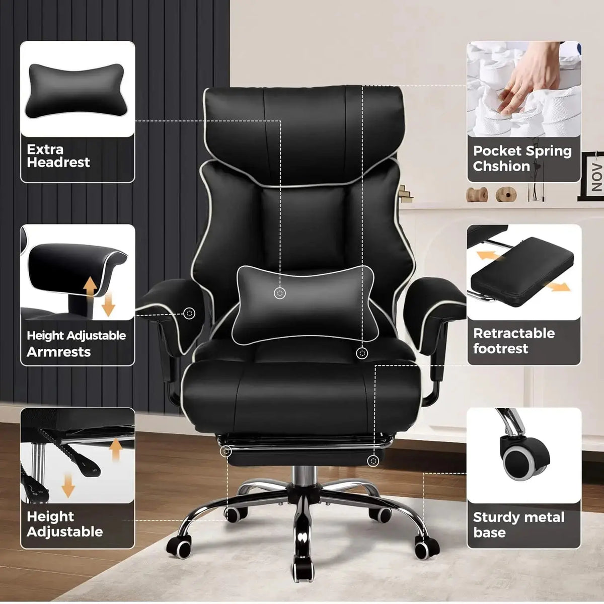 COMHOMA Big and Tall Office Chair 400lbs High Back Leather Executive Chair with Ergonomic Lumbar Support & Pocket Spring Cushion Deals 4 U  Gaming Accessories Deals 4 U
