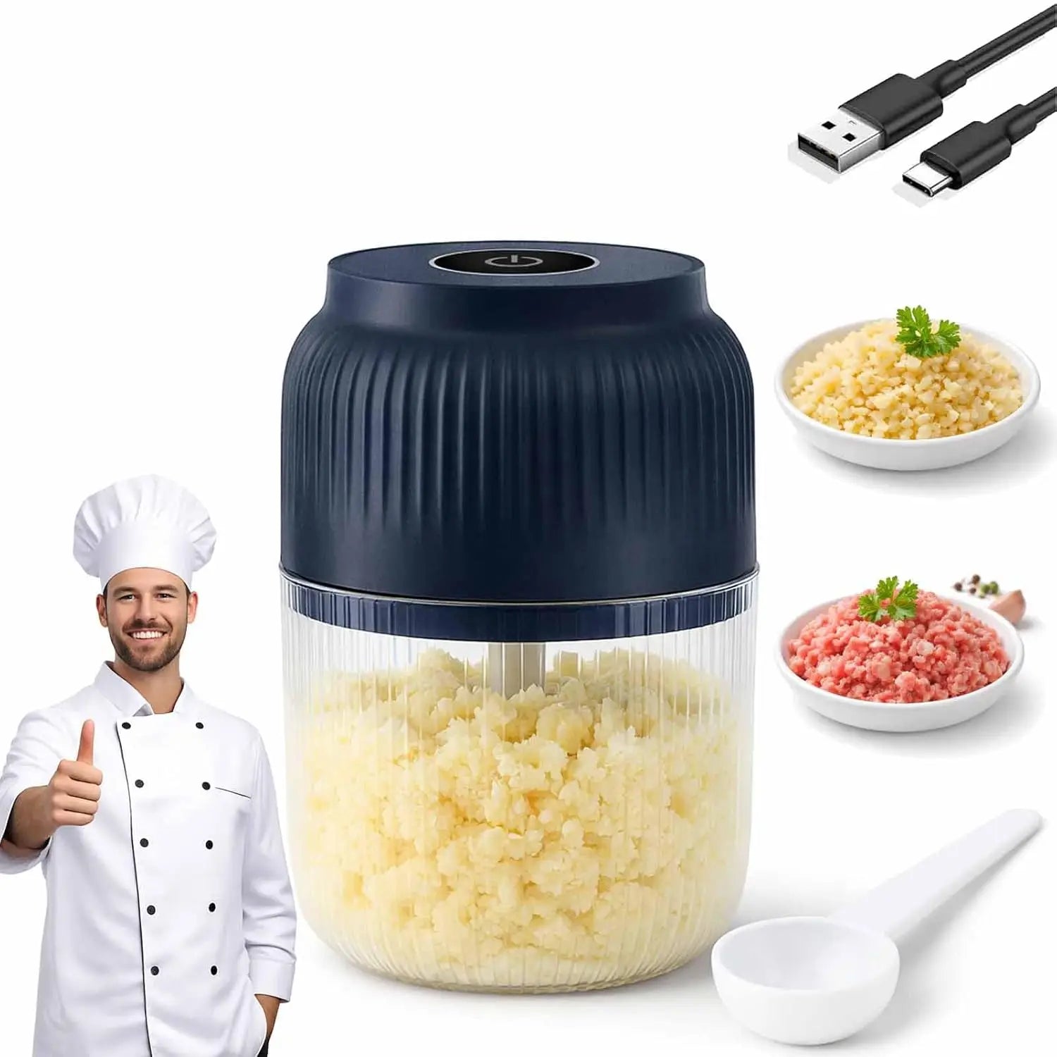 300ml Capacity Electric Garlic Chopper, Mini Portable Veggie Cutter, 4 Sharp Stainless Steel Blades Mini Electric Food Chopper, Compact Size, Easy to Clean, One-Touch Operation (Blue) Deals 4 U  Smart Home Gadget Deals 4 U