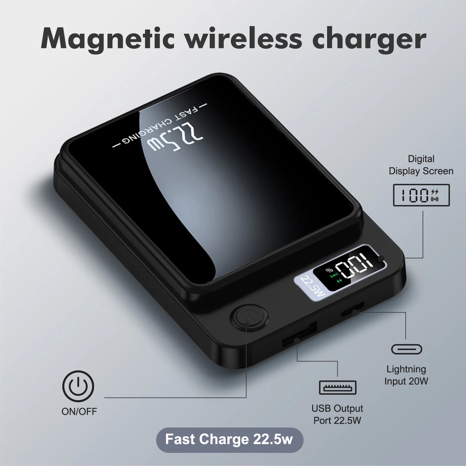 Wireless Power Bank 2-in-1 Magnetic 10000mAh Portable Charger Fast Charging 22.5W LED Power Display For Iphone Xiaomi Samsung Deals 4 U   Deals 4 U