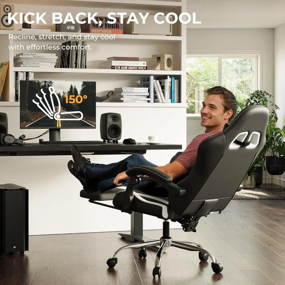 Ergonomic Gaming Chair with Footrest, Massage Lumbar Support, Adjustable Height & Headrest Pillow, Customized Deals 4 U   Deals 4 U