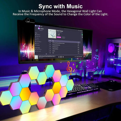 8/12/20 PCS Smart Hexagon Wall Light Color Changing Ambient Hexagonal Lights Night DIY Music Sync MeRGBW APP Games Room Bedroom Deals 4 U  RGB Hexagon Wall Lights Deals 4 U