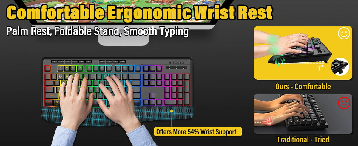 FocusOnPC K787 2.4G Tri-Mode Wireless Gaming Keyboard, 104 Keys RGB Backlit, Ergonomic USB-C Plug-and-Play Keyboard, 1900mAh Battery, Auto Sleep & Low Battery Alert, Silent Typing for Game