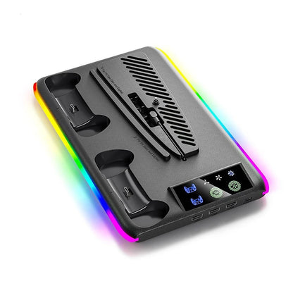 For PS5 Slim/PS5 Stand Cooling Holder & Controller Charging Station With Headphone Hook RGB Light 3 Levels Cooling Fan For PS5