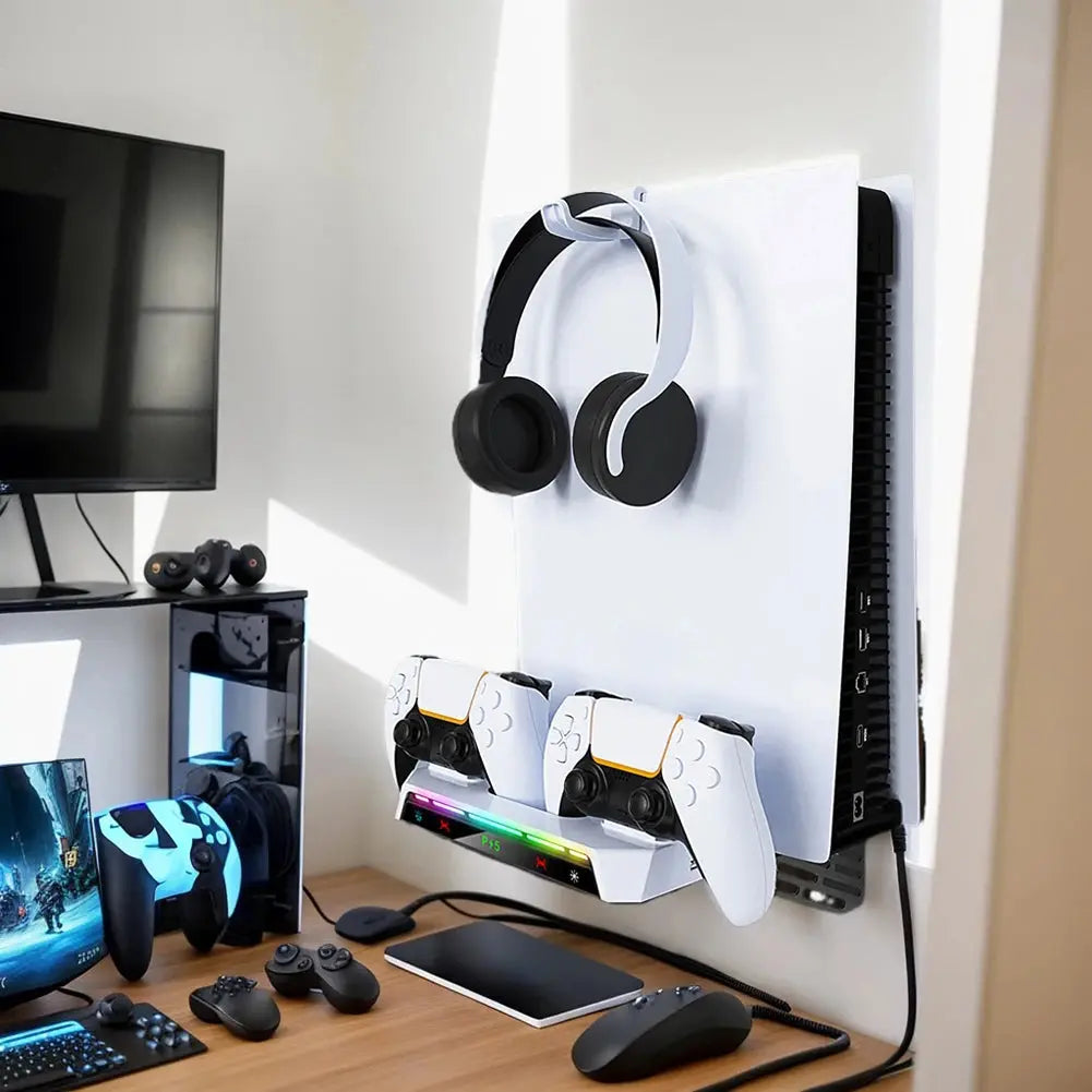 For PS5/PS5 Slim Wall Mount Kit With Dual Controller Charging Station Controller Headset Holder For Playstation 5 Accessories Deals 4 U  Console Accessories Deals 4 U