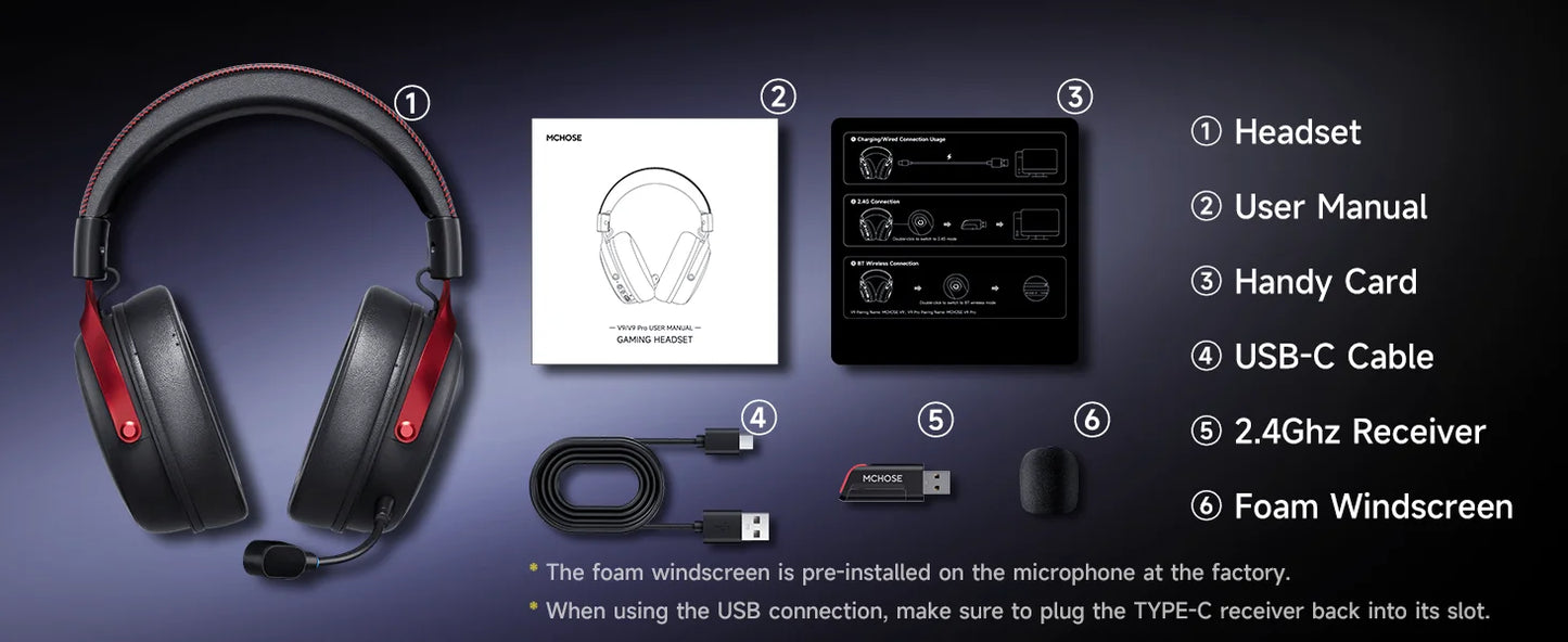 MCHOSE V9 Pro Wireless Headset 7.1 Surround Sound 53mm Gaming Headphones Noise Canceling Mic Low Latency Lightweight for PS5 PC SWITCH with Microphone