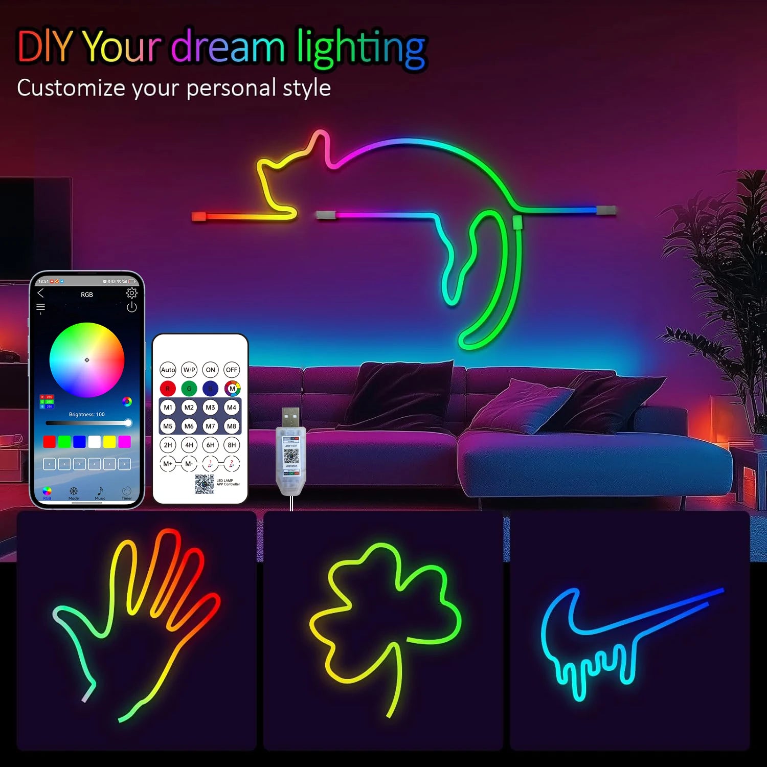 Bluetooth RGB Neon LED Strip 1-10m DC5V USB IP65 Waterproof Flexible Tape with App/Remote Control Music Sync for Home Decor Deals 4 U   Deals 4 U