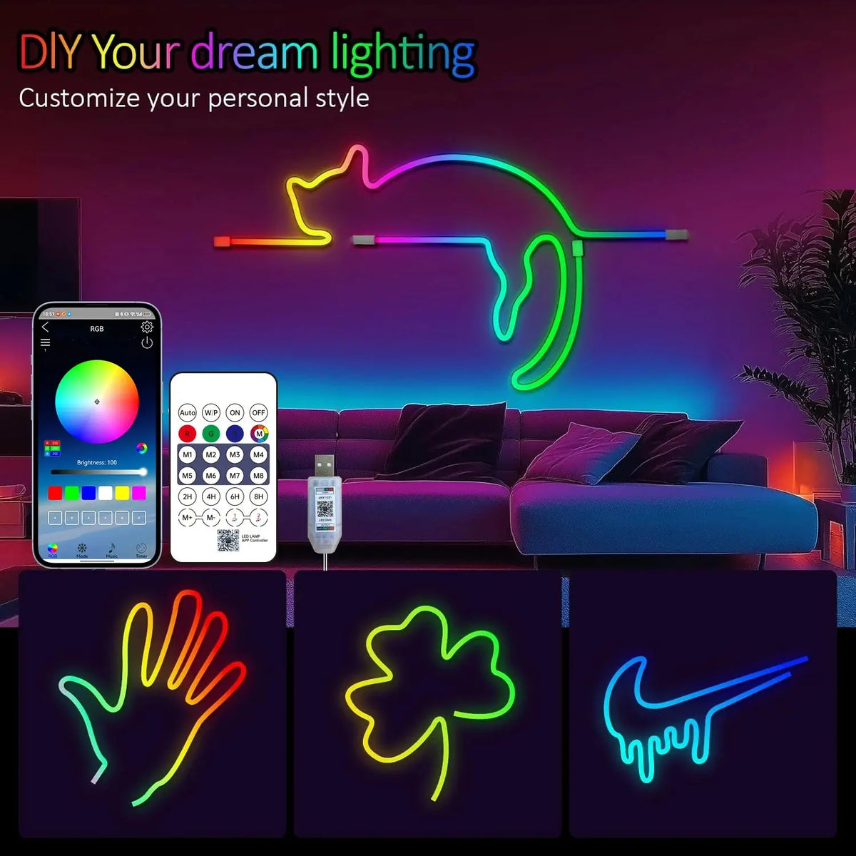 Bluetooth RGB Neon LED Strip 1-10m DC5V USB IP65 Waterproof Flexible Tape with App/Remote Control Music Sync for Home Decor Deals 4 U  RGB Hexagon Wall Lights Deals 4 U