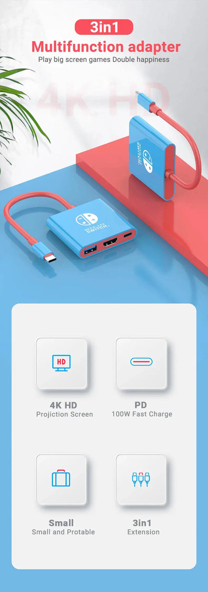 3 In 1 USB C HUB Type C to HDMI 4K with PD 100W Fast Charging USB 3.0 Docking Station for Switch MacBook Laptop Computer Phone Deals 4 U  Console Accessories Deals 4 U