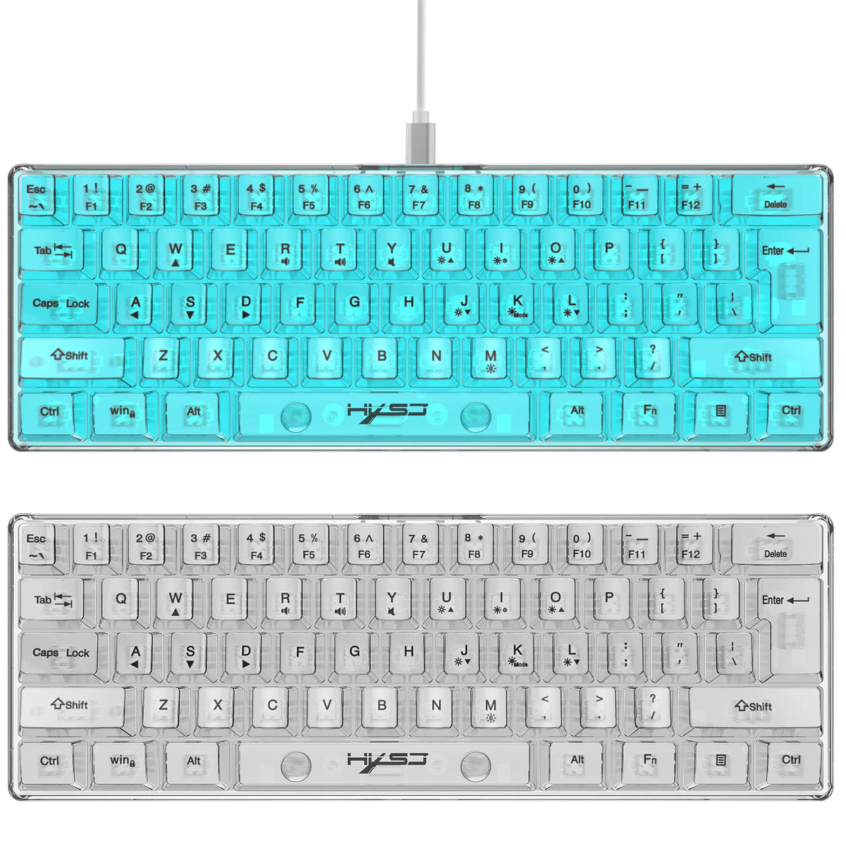 HXSJ 60% Wired Transparent Gaming Keyboard, RGB Backlit Ultra-Compact Waterproof Small Compact 61 Keys Keyboard for PC/Mac