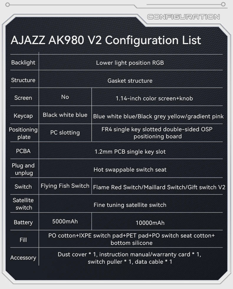 AJAZZ AK980 V2 PRO 98% Gasket Mechanical Keyboard, Hot-Swappable, 10000mAh, TFT Screen & Knob, 8K Polling Rate, RGB Backlit