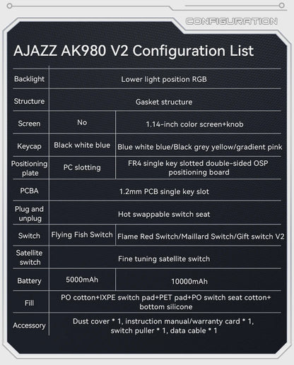 AJAZZ AK980 V2 PRO 98% Gasket Mechanical Keyboard, Hot-Swappable, 10000mAh, TFT Screen & Knob, 8K Polling Rate, RGB Backlit