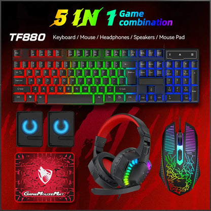 5-in-1 Set Gaming Combo Keyboard 4-color Breathing Light Mouse 3.5mm Gaming Headset Gaming Speaker Anti-slip Mouse Pad NEW HOT Deals 4 U  Gaming Accessories Deals 4 U