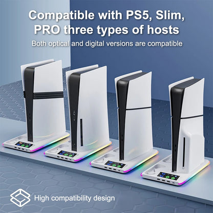 For PS5 Slim/PS5 Stand Cooling Holder & Controller Charging Station With Headphone Hook RGB Light 3 Levels Cooling Fan For PS5