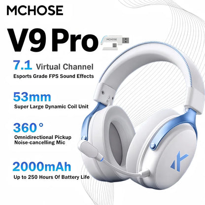 MCHOSE V9 Pro Wireless Headset 7.1 Surround Sound 53mm Gaming Headphones Noise Canceling Mic Low Latency Lightweight for PS5 PC SWITCH with Microphone