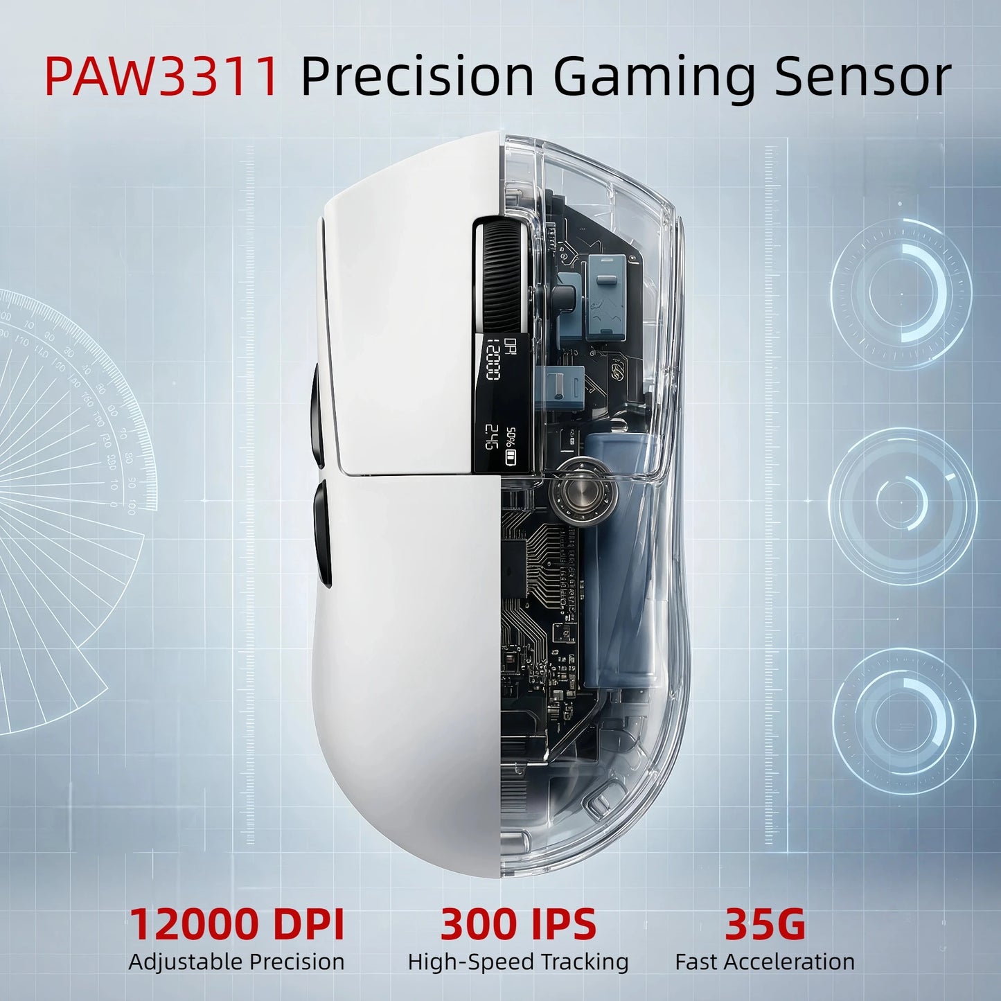 Ultra Light Gaming Mouse Wireless 59g 12000DPI 3-Mode Connection PAW3311 Sensor RGB Base Station Smart Display Professional Mouse Gamer