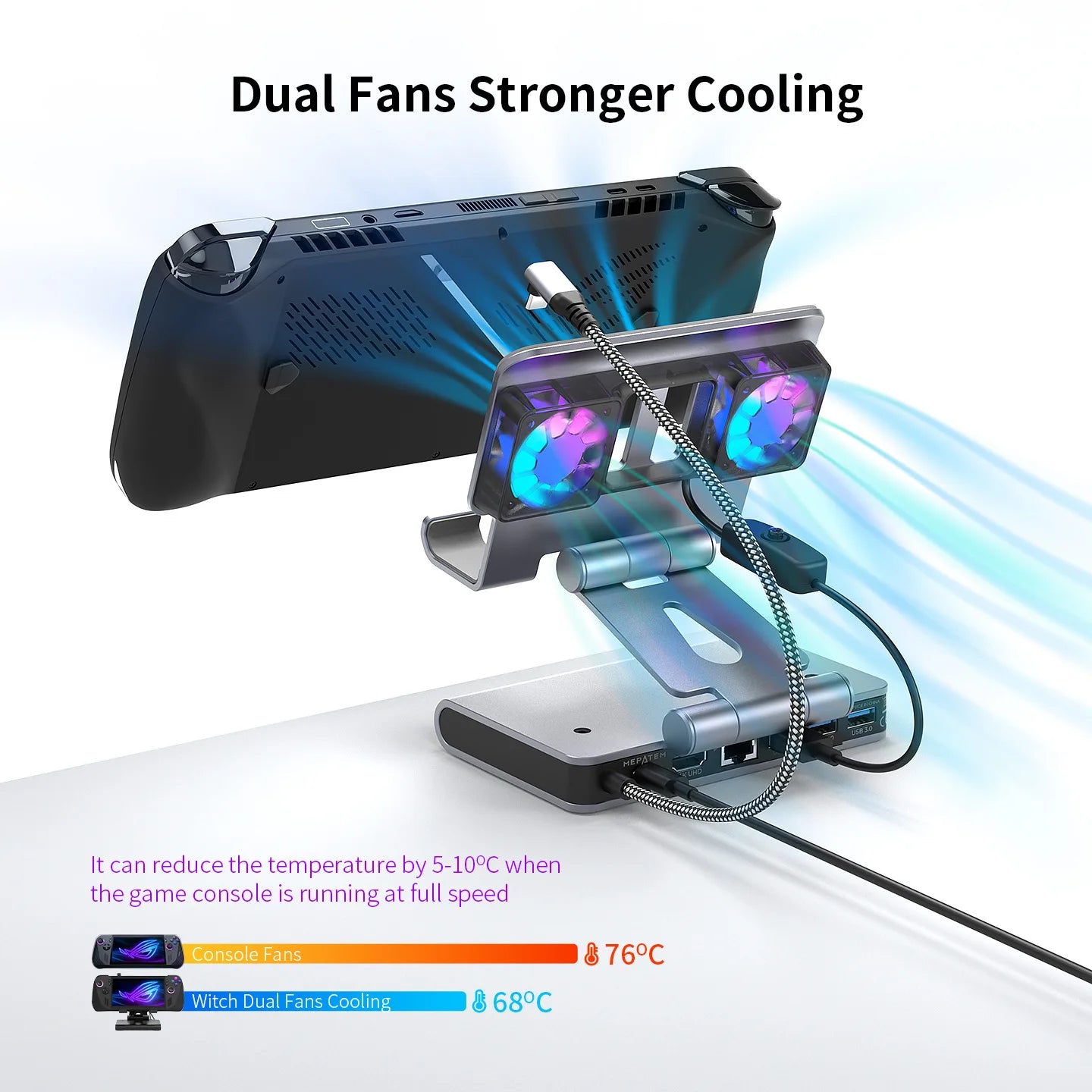 6-in-1 Gaming Console Cooling Dock with Metal Bracket RGB Dual Fans Adjustable Height for ROG ALLY Steam Deck LEGION Go Ipad
