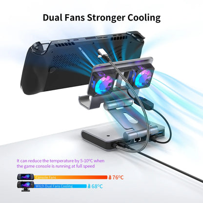 6-in-1 Gaming Console Cooling Dock with Metal Bracket RGB Dual Fans Adjustable Height for ROG ALLY Steam Deck LEGION Go Ipad