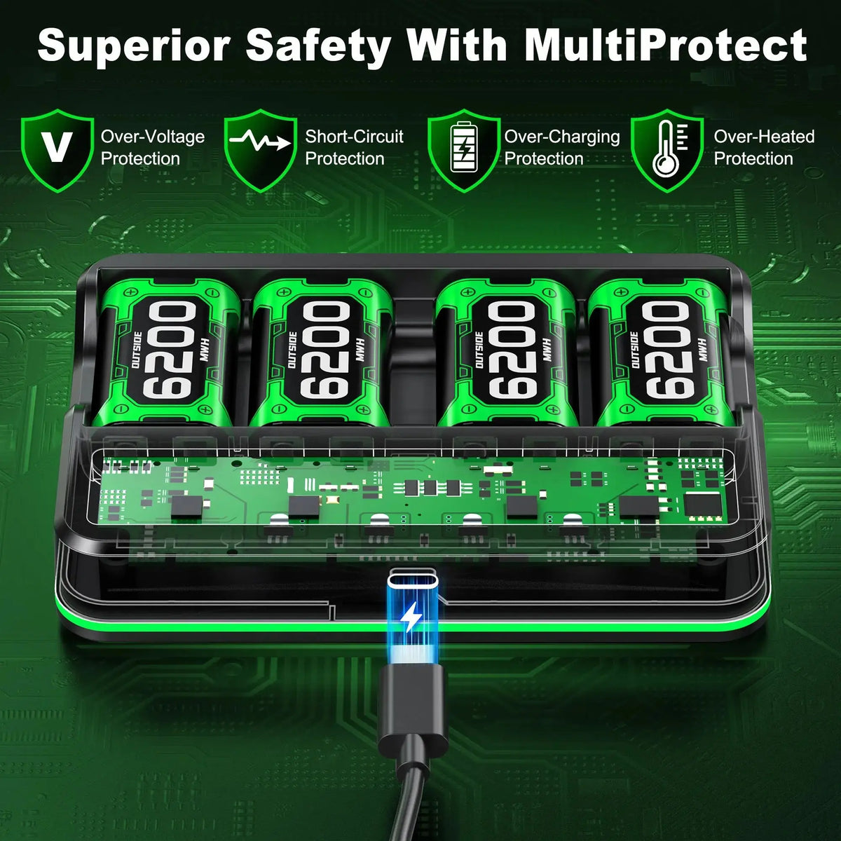 Beboncool X800/X801(white)Rechargeable Battery Pack for Xbox Series X/S/One/Elite Controllers - 6200mWh 4-Port Safety Protection Deals 4 U  Console Accessories Deals 4 U