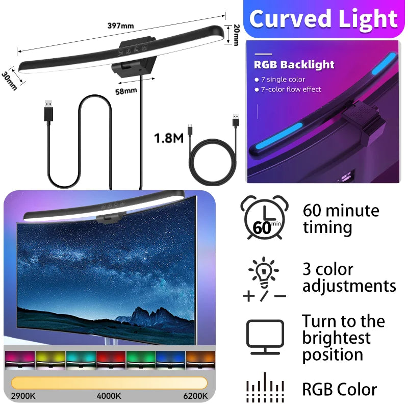 Led Curved Monitor Light Bar USB Table Lamp RGB Stepless Dimmable Hanging Office Desk Decorations Lighting For Computer Reading