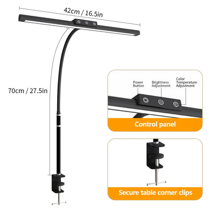 Eye-care LED Clip Metal Desk Lamp 3 Colors Adjustable 10 Brightness Levels Flexible Rotating Lamp Head for Home Reading PC Game
