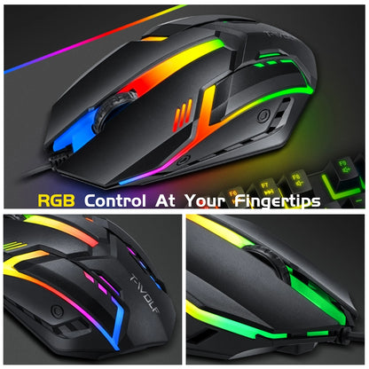 T-WOLF RGB Gaming Keyboard Mouse Headset Mousepad 4 in 1 Combo Wired Mechanical Feel LED Backlit Set for PC Desktop Laptop Gift