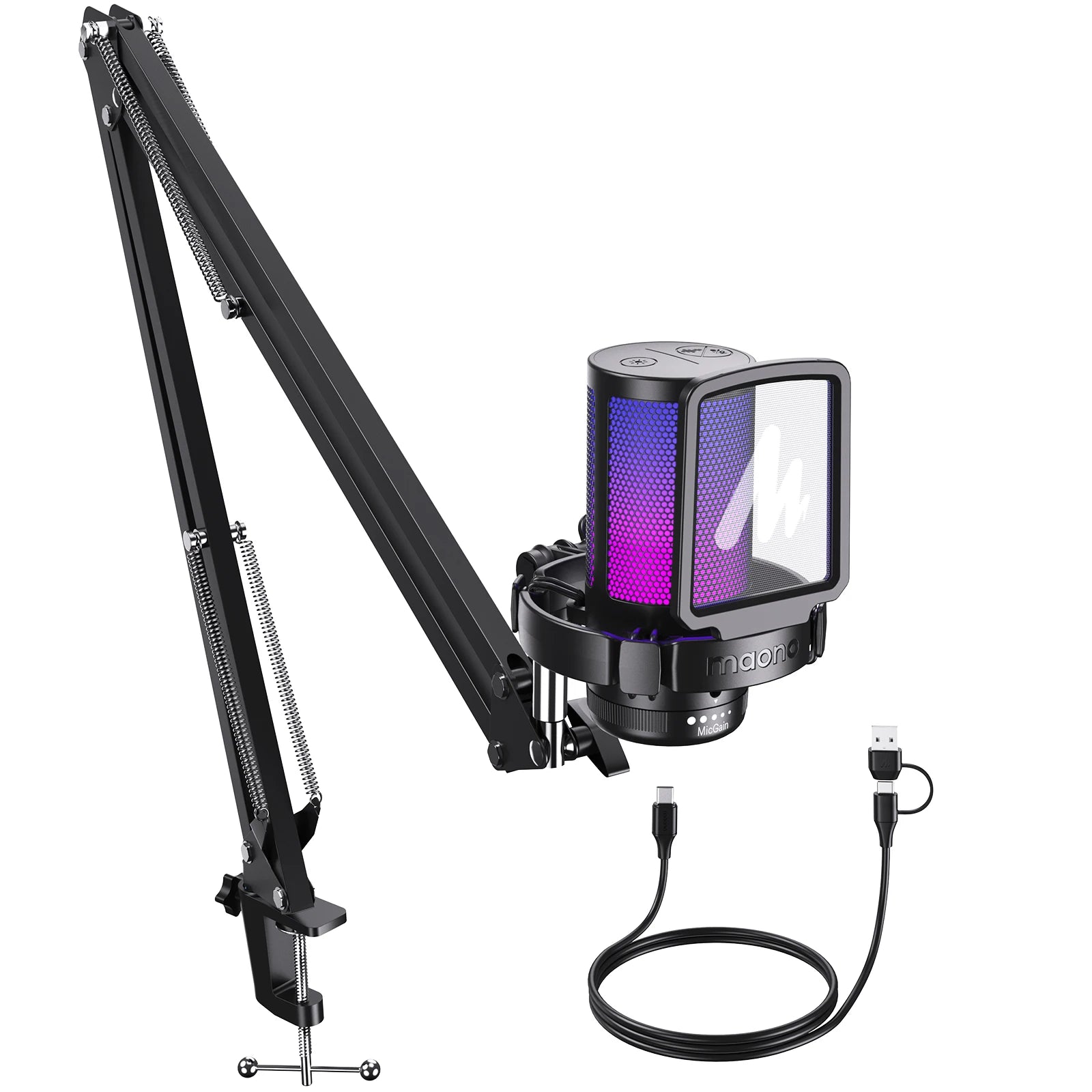 MAONO DGM20S Gaming Microphone USB Condenser Microphone with RGB Light Noise Cancellation Boom Arm for Live Streaming Podcast Deals 4 U   Deals 4 U