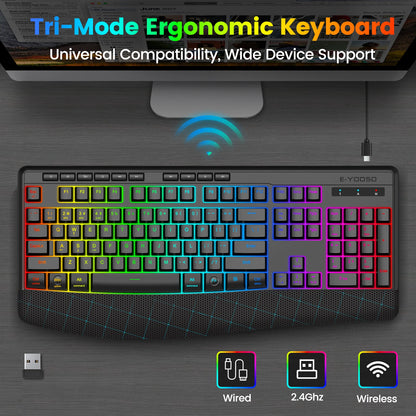 FocusOnPC K787 2.4G Tri-Mode Wireless Gaming Keyboard, 104 Keys RGB Backlit, Ergonomic USB-C Plug-and-Play Keyboard, 1900mAh Battery, Auto Sleep & Low Battery Alert, Silent Typing for Game