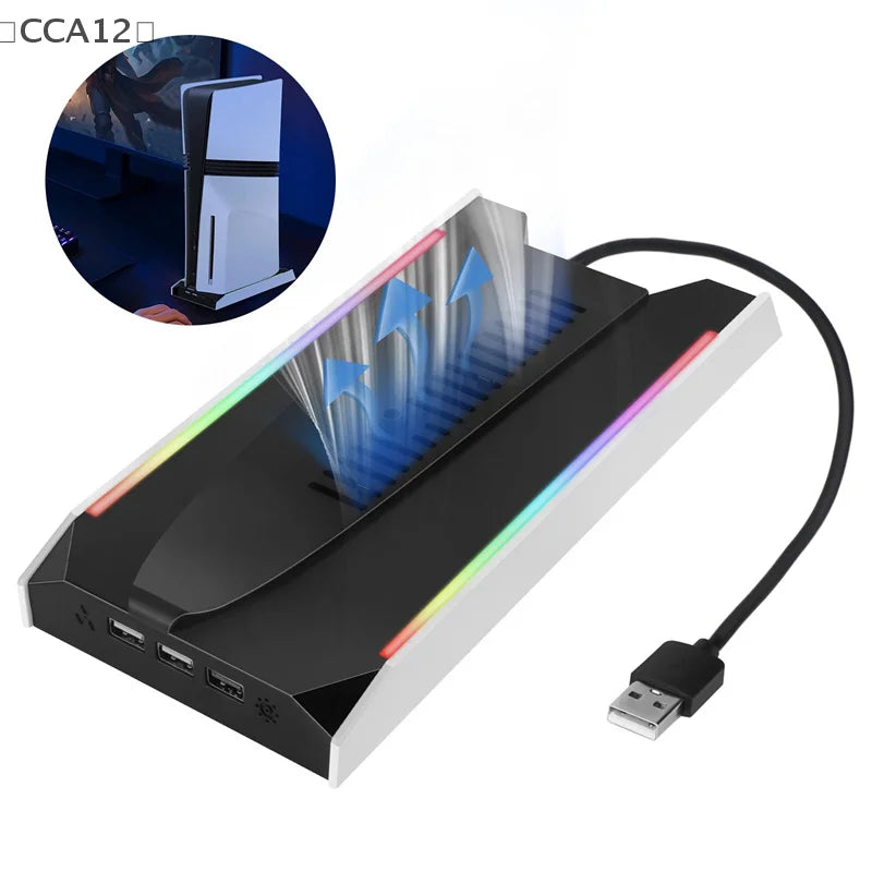 For PS5 Slim/PS5 Pro Vertical Cooling Stand Base RGB VR Headset Controller Charger Dock Station W/ 3-Speed Cooling Fan For PS5