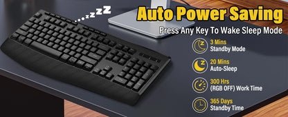 FocusOnPC K787 2.4G Tri-Mode Wireless Gaming Keyboard, 104 Keys RGB Backlit, Ergonomic USB-C Plug-and-Play Keyboard, 1900mAh Battery, Auto Sleep & Low Battery Alert, Silent Typing for Game