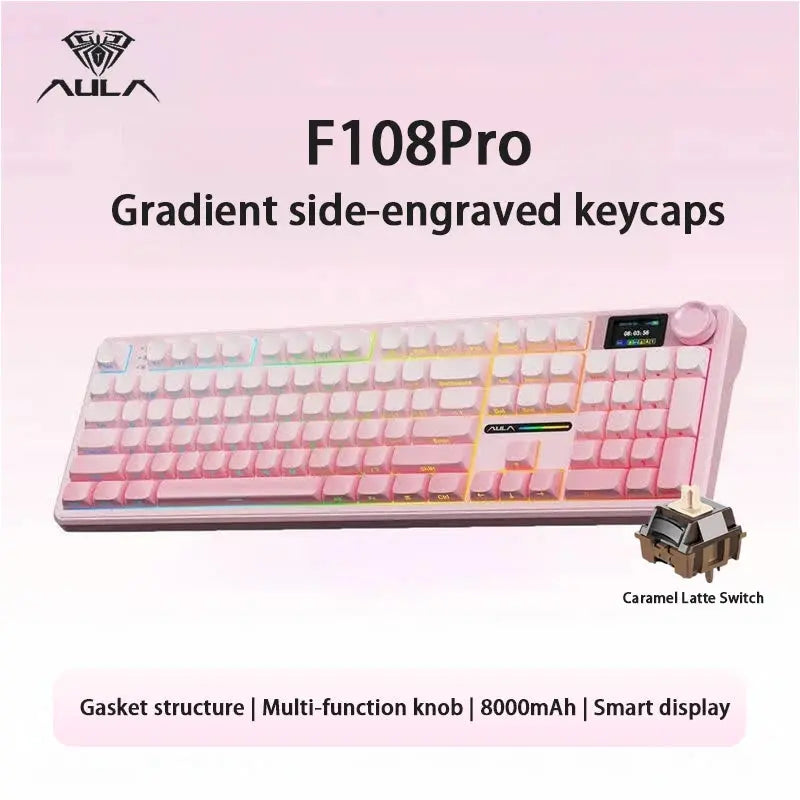 AULA F108Pro/F108 Wireless Bluetooth tri-mode connection, multi-functional display, Gasket structure, RGB lighting effects Deals 4 U  Streaming Equipment Deals 4 U