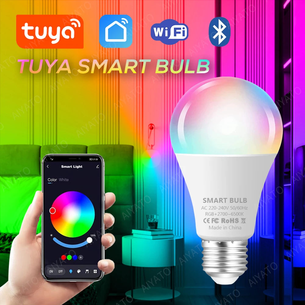 Tuya WIFI Bluetooth LED Bulb Smart Life APP Control Dimmable 9W 18W E27 220V RGB+CW+WW Color Change Lamps Compatible IOS/Android Deals 4 U   Deals 4 U