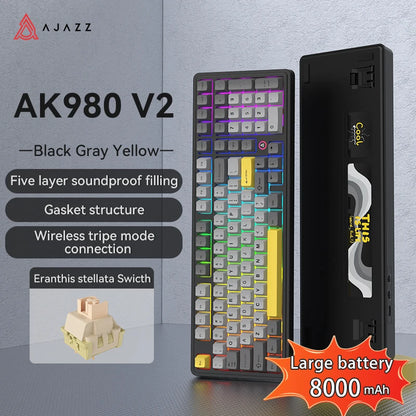 AJAZZ AK980 V2 PRO 98% Gasket Mechanical Keyboard, Hot-Swappable, 10000mAh, TFT Screen & Knob, 8K Polling Rate, RGB Backlit