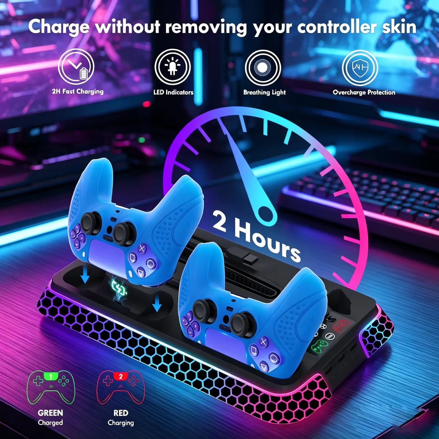 For PS5/PS5 Slim/PS5 Pro All-in-One Cooling Stand Base Model with RGB Lighting Effects Storage Function game Controller base