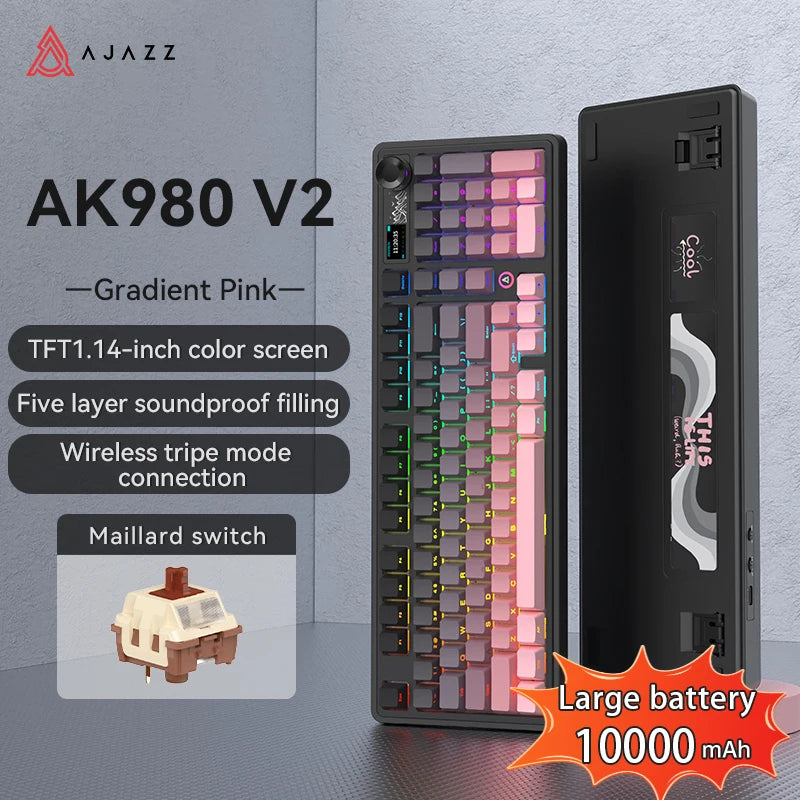 AJAZZ AK980 V2 PRO 98% Gasket Mechanical Keyboard, Hot-Swappable, 10000mAh, TFT Screen & Knob, 8K Polling Rate, RGB Backlit