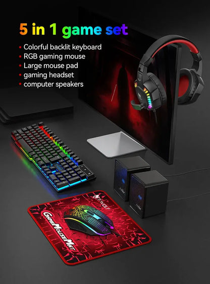 5-in-1 Set Gaming Combo Keyboard 4-color Breathing Light Mouse 3.5mm Gaming Headset Gaming Speaker Anti-slip Mouse Pad NEW HOT Deals 4 U  Gaming Accessories Deals 4 U