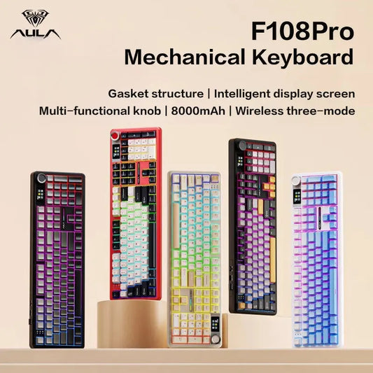 AULA F108Pro/F108 Wireless Bluetooth tri-mode connection, multi-functional display, Gasket structure, RGB lighting effects Deals 4 U  Streaming Equipment Deals 4 U
