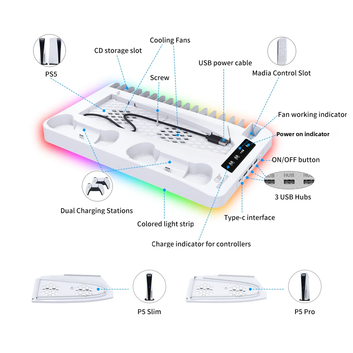 GAMINJA P58 Cooling Stand For PS5 RGB Charging Base Dual-Controller Charging Station Dual-Controller Charger For PS5 Accessories