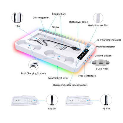 GAMINJA P58 Cooling Stand For PS5 RGB Charging Base Dual-Controller Charging Station Dual-Controller Charger For PS5 Accessories
