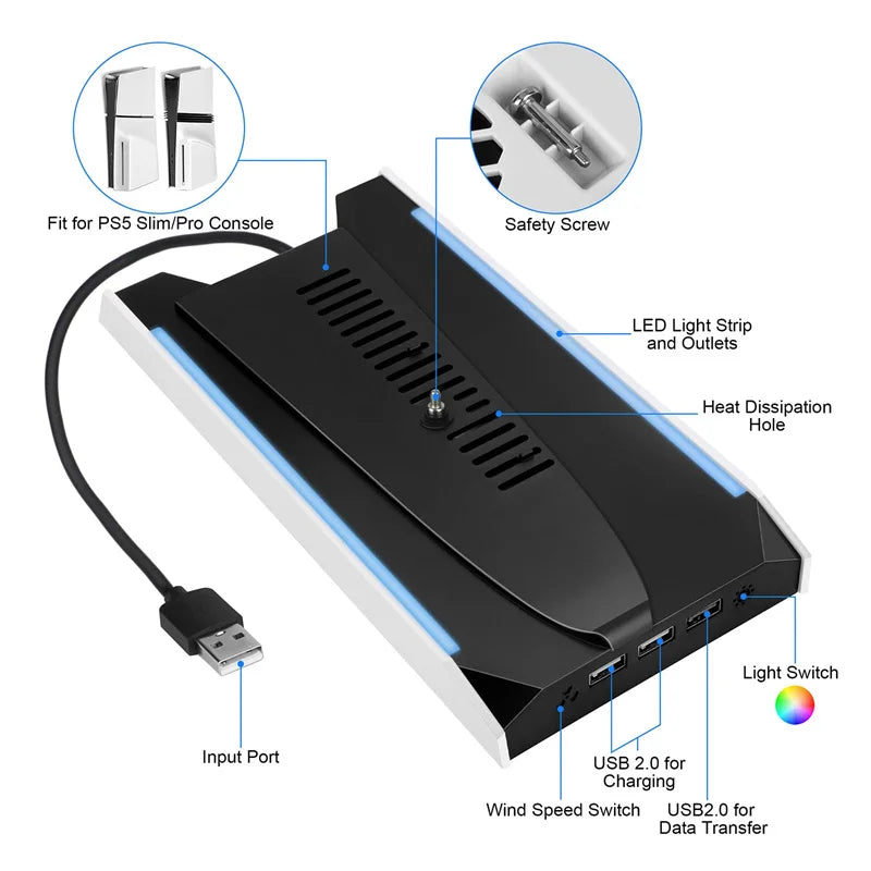 For PS5 Slim/PS5 Pro Vertical Cooling Stand Base RGB VR Headset Controller Charger Dock Station W/ 3-Speed Cooling Fan For PS5