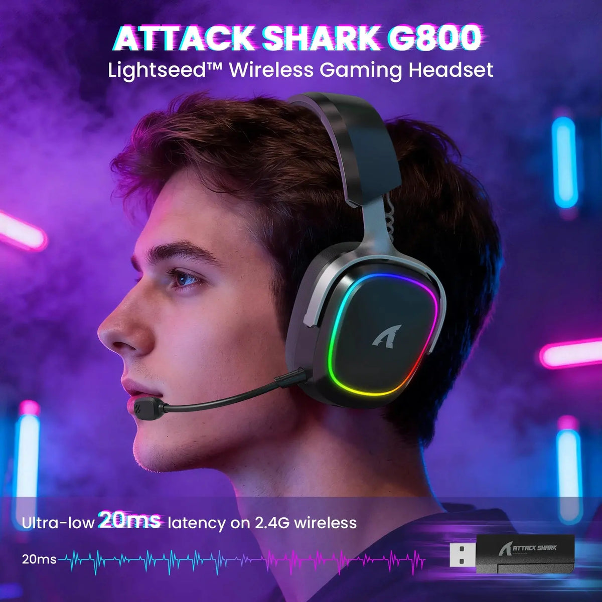ATTACK SHARK G800 Wireless Gaming Headset, 1000 mAh, Detachable Mics, Aluminum alloy frame, 3D Surround Sound, 20ms low latency Deals 4 U  Gaming Accessories Deals 4 U