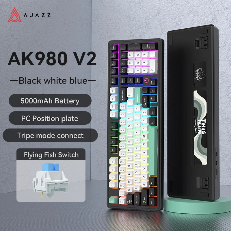 AJAZZ AK980 V2 PRO 98% Gasket Mechanical Keyboard, Hot-Swappable, 10000mAh, TFT Screen & Knob, 8K Polling Rate, RGB Backlit