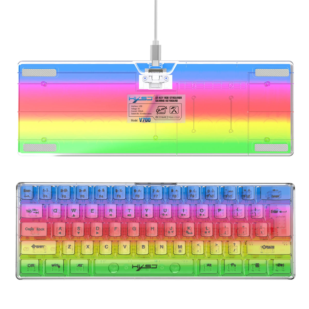 HXSJ 60% Wired Transparent Gaming Keyboard, RGB Backlit Ultra-Compact Waterproof Small Compact 61 Keys Keyboard for PC/Mac