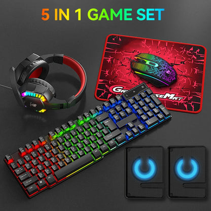 5-in-1 Set Gaming Combo Keyboard 4-color Breathing Light Mouse 3.5mm Gaming Headset Gaming Speaker Anti-slip Mouse Pad NEW HOT Deals 4 U  Gaming Accessories Deals 4 U