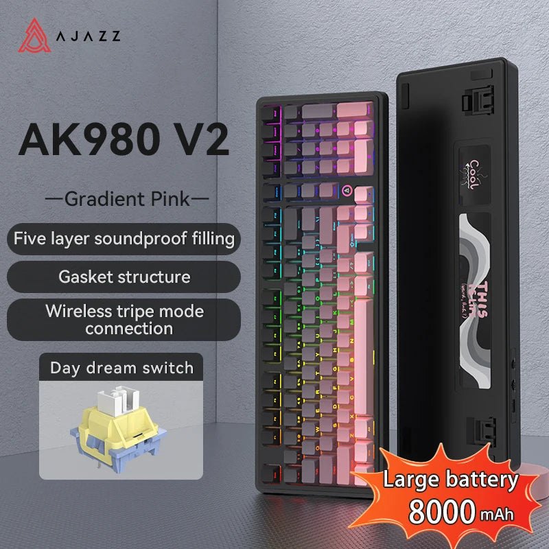AJAZZ AK980 V2 PRO 98% Gasket Mechanical Keyboard, Hot-Swappable, 10000mAh, TFT Screen & Knob, 8K Polling Rate, RGB Backlit