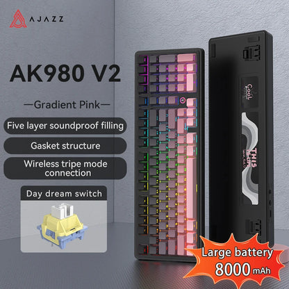 AJAZZ AK980 V2 PRO 98% Gasket Mechanical Keyboard, Hot-Swappable, 10000mAh, TFT Screen & Knob, 8K Polling Rate, RGB Backlit