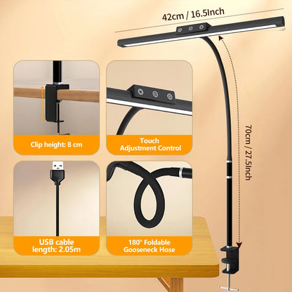 Eye-care LED Clip Metal Desk Lamp 3 Colors Adjustable 10 Brightness Levels Flexible Rotating Lamp Head for Home Reading PC Game