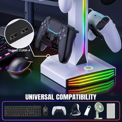 RGB Game Controller Holder Rack with 7 Light Modes, Headphone Stand 2 USB Charging and 1 Type-C for PS5/PS4/Xbox/Switch Pro