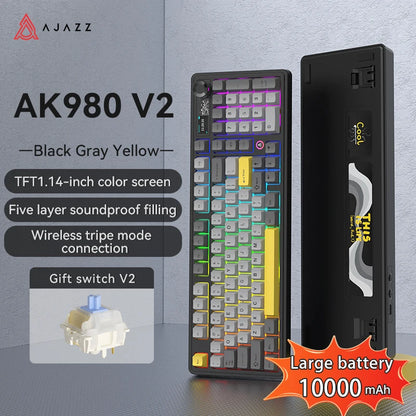 AJAZZ AK980 V2 PRO 98% Gasket Mechanical Keyboard, Hot-Swappable, 10000mAh, TFT Screen & Knob, 8K Polling Rate, RGB Backlit